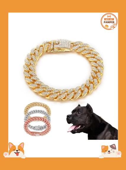 Rhinestone Dog Chain Collar Metal Chain Collar Luxury Stainless Steel Puppy Cat Chain Collar Dog Jewelry