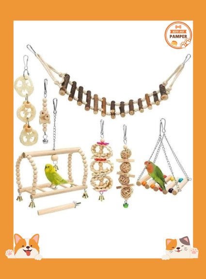 Parrot Training Toy Set 8 Piece Wooden Bird Toys