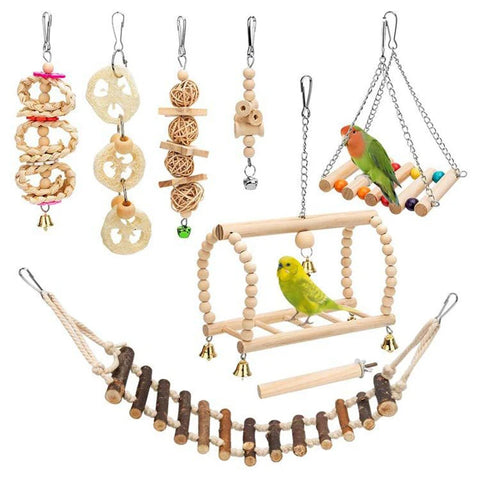 Parrot Training Toy Set 8 Piece Wooden Bird Toys