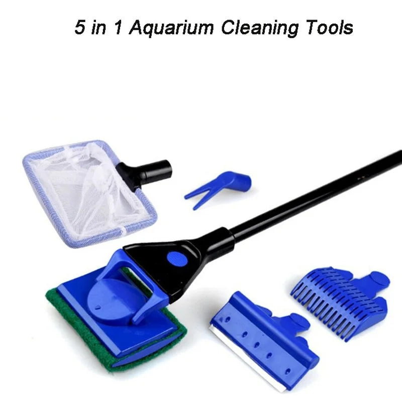 Aquarium Cleaning Tools 5 in 1 Aquarium Tank Clean Set Fish Net Gravel Rake Algae Scraper Fork Sponge Brush Glass Cleaner