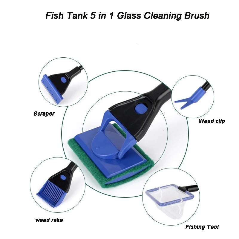 Aquarium Cleaning Tools 5 in 1 Aquarium Tank Clean Set Fish Net Gravel Rake Algae Scraper Fork Sponge Brush Glass Cleaner