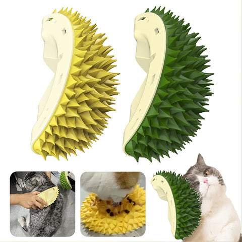 Durian Delight: Cat Brush & Wall Scratcher Multifunctional Grooming & Dental Toy